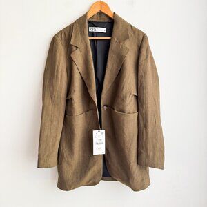 Zara Olive Green Beige Linen Blend Classic Blazer L